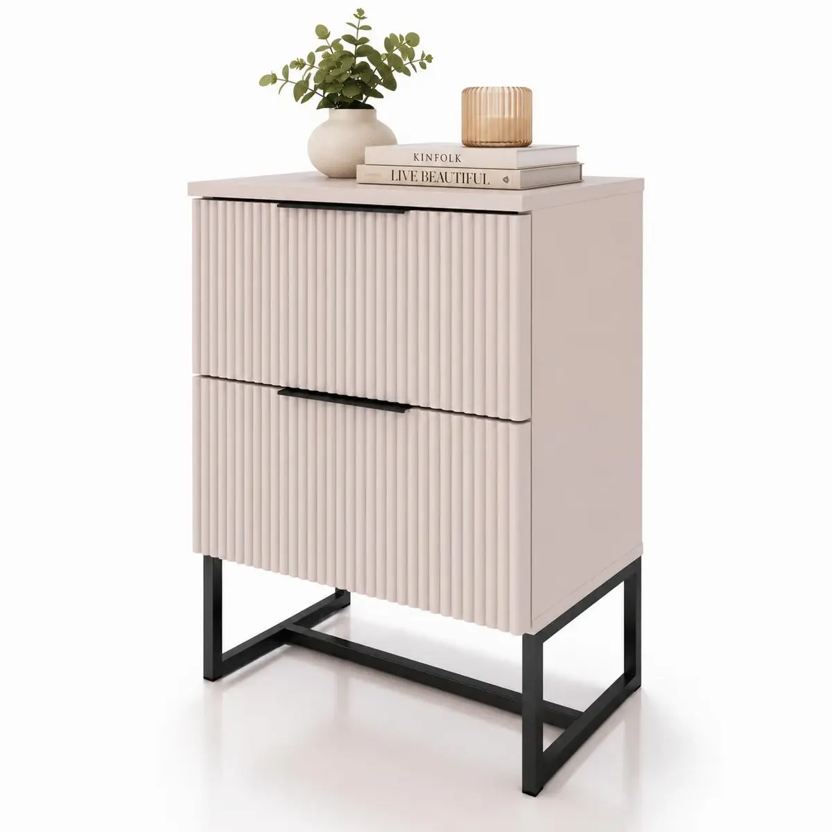 Mesa de Cabeceira Com 2 Gavetas Ripada 100% MDF Estilo Industrial - LH Móveis (Off White/Pé Preto)