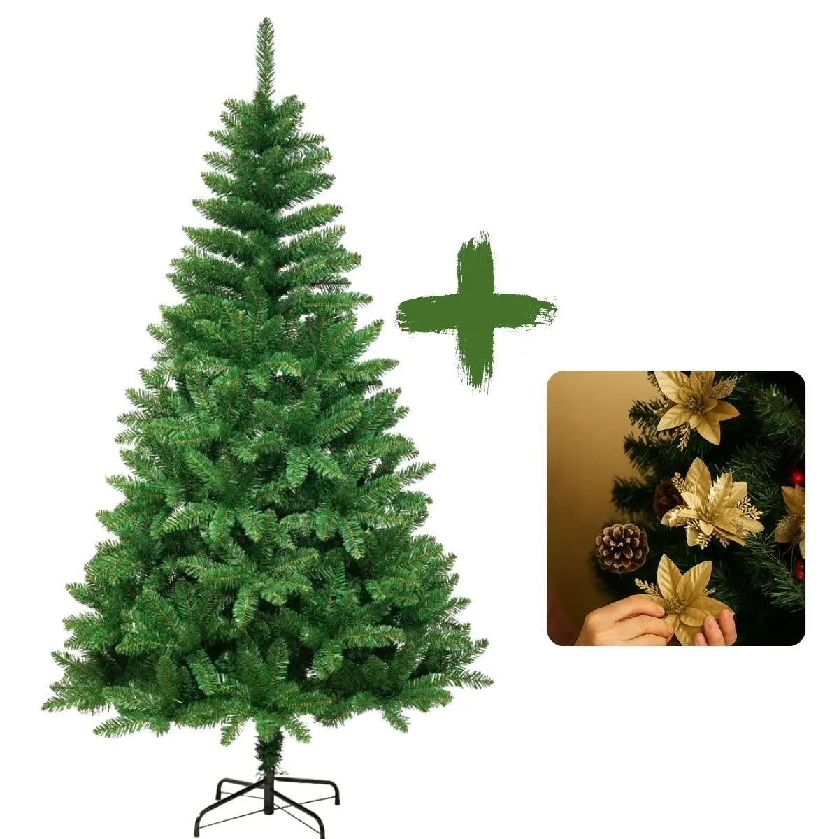 Árvore de Natal Tradicional, 2,10m, 1150 Galhos, com Flores Douradas Decorativas