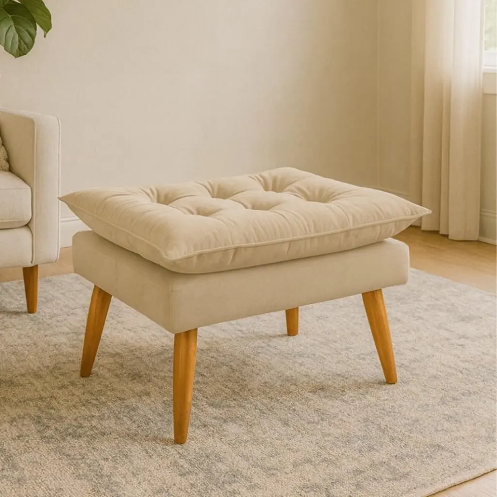 Puff Retangular Veludo Pés Palito 54x84x50 cm 100kg(Bege) | Estrutura em pinus, MDF e MDP, acabamento em veludo, 4 pés palito e chapas de aço para fixação