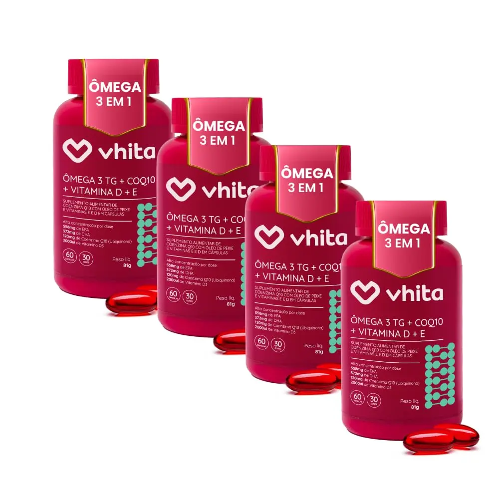Ômega 3 em 1 Com Coenzima Q10 E Vitamina D3 Vhita - 4 unidades | 240 Cápsulas, 120 Porções, Óleo de peixe. - 1