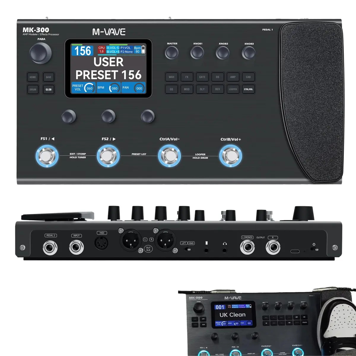 VEDO M-VAVE MK-300 Multi Pedais Para Guitarra e Baixo, Profissional Modelador de Amplificador Processador, Mais 320 Efeitos, 160 Presets, Looper, Bateria Eletrônica, USB/Bluetooth, Para Músicos, Preto
