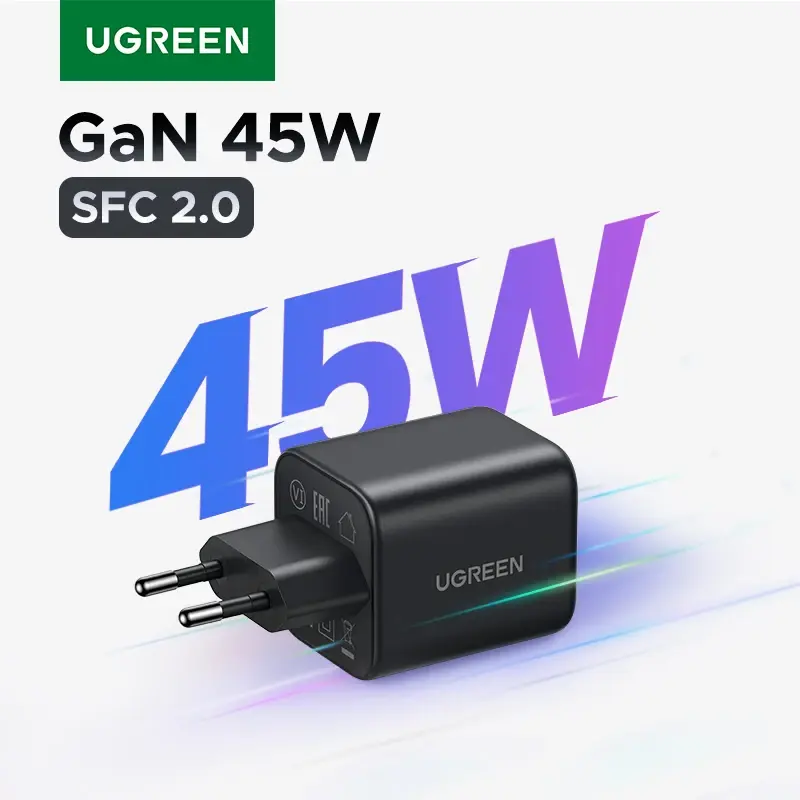 Carregador Rápido UGREEN 45W GaN PD3.0 PPS QC3.0 para Samsung S26 S25 Ultra iPhone 18 17 16 Pro Max iPad Tablet - Carregador Rápido