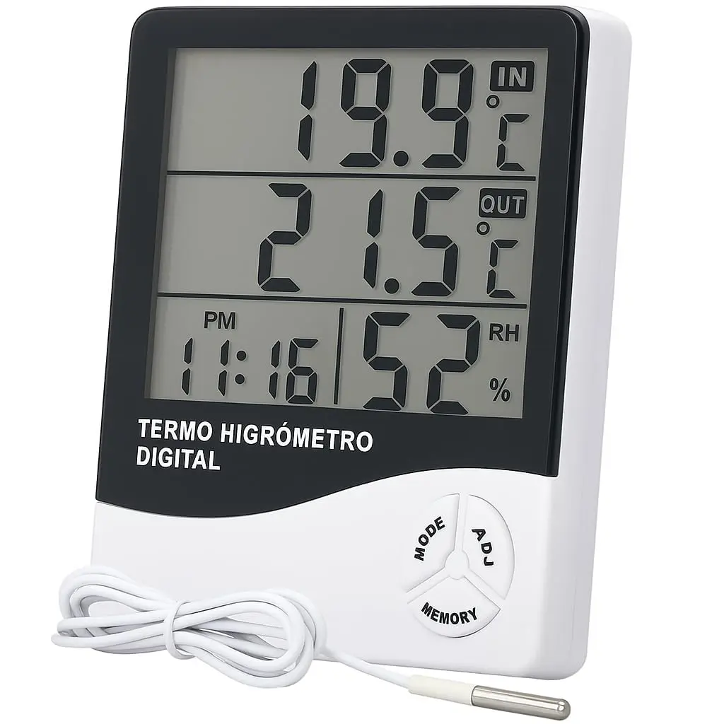 Termômetro e Higrômetro Digital HTC-2 com Relógio Integrado | Relógio Digital, medidor de Umidade para Casa, Adega e Estufa. Memória max e min.