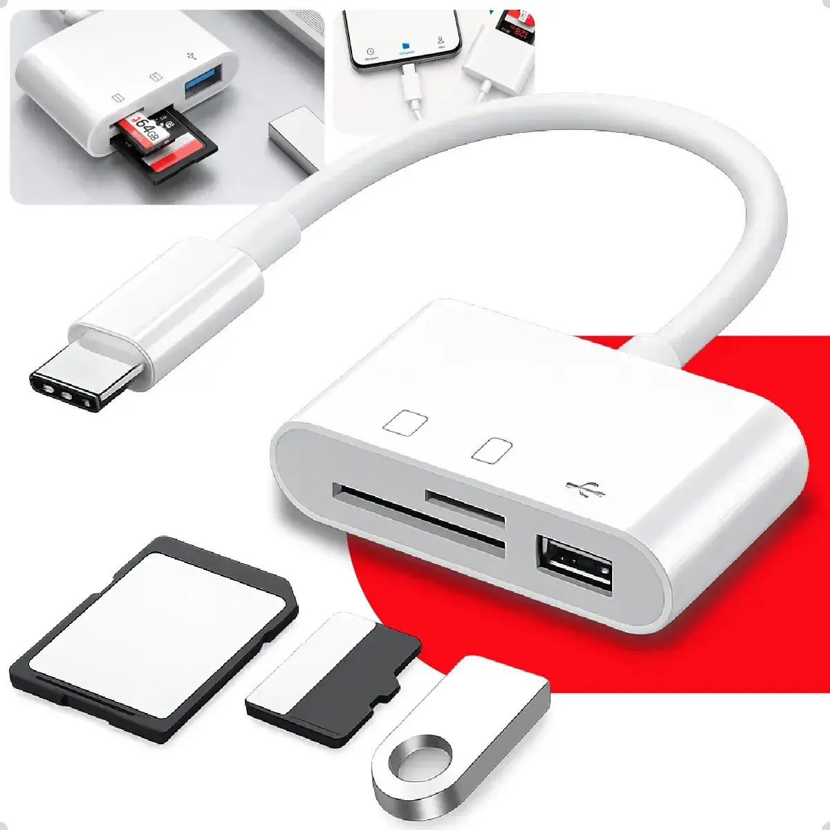 Adaptador Leitor de Cartão Davely Tipo C 3 em 1 para SD, MicroSD e USB - 1