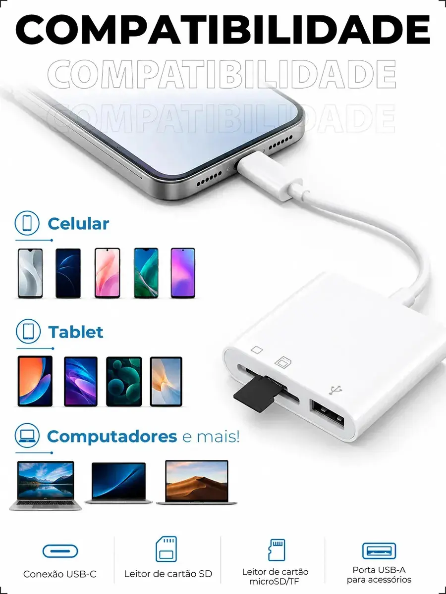 Adaptador Leitor de Cartão Davely Tipo C 3 em 1 para SD, MicroSD e USB thumbnail 5