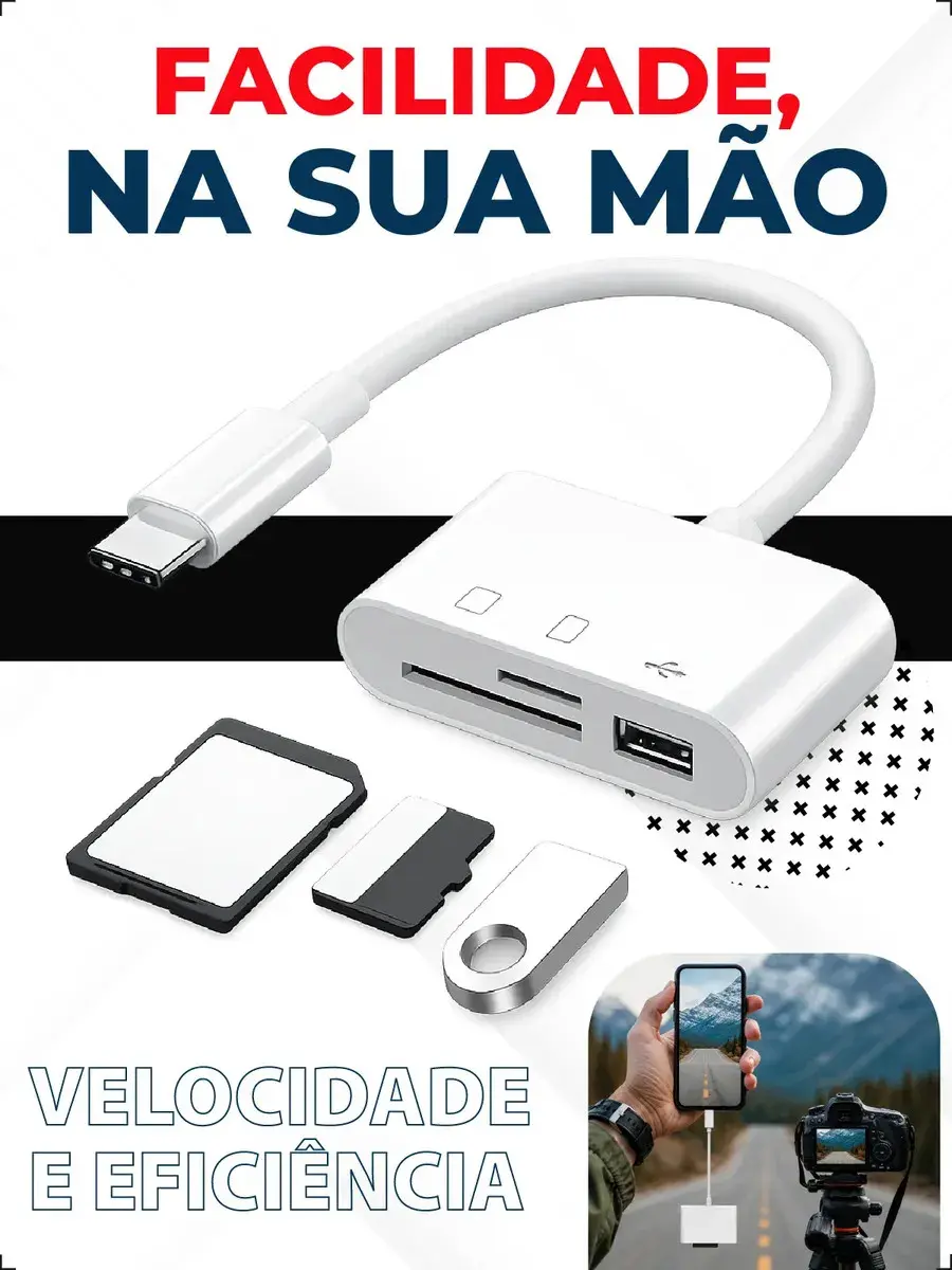 Adaptador Leitor de Cartão Davely Tipo C 3 em 1 para SD, MicroSD e USB thumbnail 7