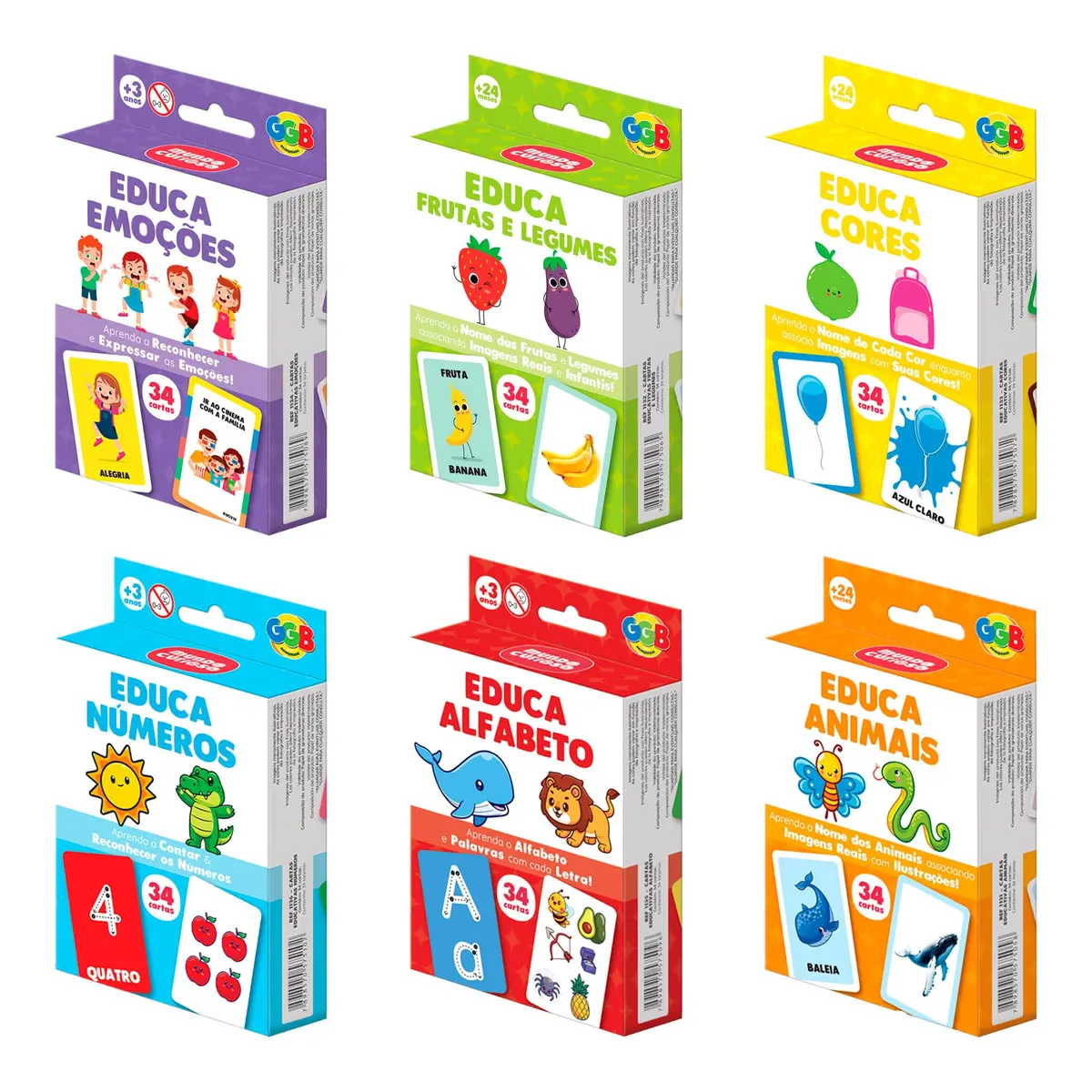 GGB Kit Jogo Cartas Educa 6 em 1 Emoções ABC Números Cores Animais Frutas e Legumes