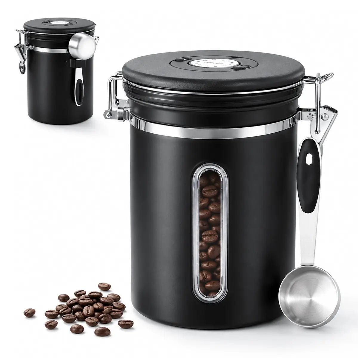 Pote de Café Hermético come Visor Transparente e Marcador de Data-Vedação Dupla Modo, Pote de Armazenamento de 1800ml Alimentos em Aço Inoxidável - Ideal para Café Moído, Chá, Grãos, Aveia e Nozes