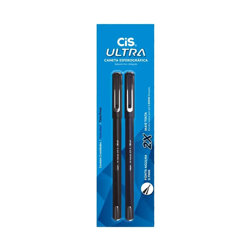 CIS Ultra Caneta Esferográfica - ponta agulha 0.7mm - Blister com 2 unidades - Cor: Azul e preta
