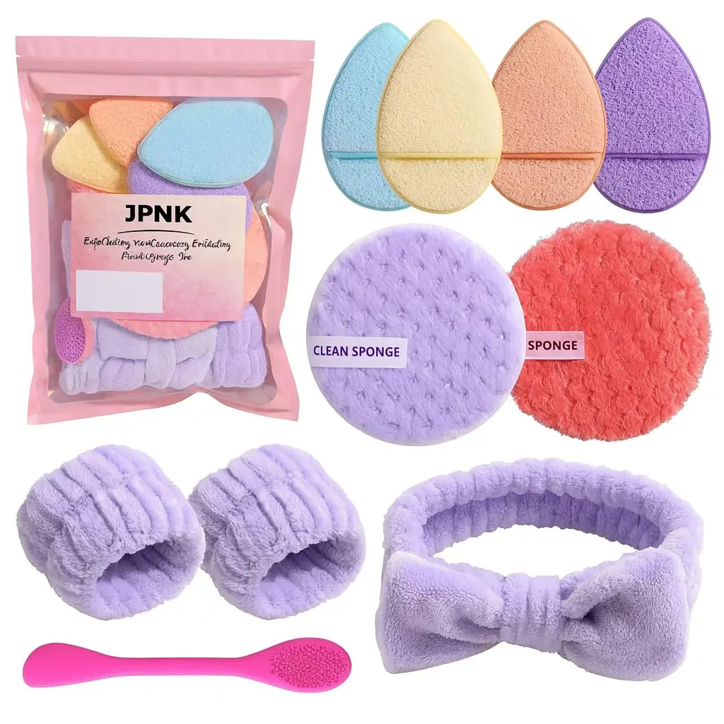 Kit Premium 8 Peças para Rotina Facial – Esponjas Esfoliantes, Pads Removedores, Pincel Silicone para Máscara, Faixa e Munhequeiras Antigotas – Limpeza Profunda e Autocuidado Diário