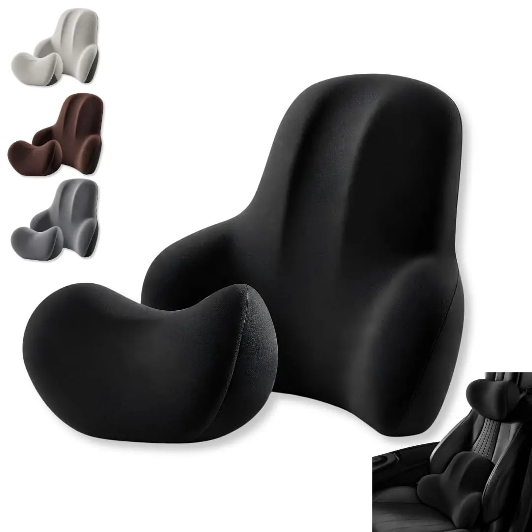 Kit Apoio Lombar e Encosto de Cabeça Ergonômico P/Banco de Carro | Preto | Espuma de memória com tecido lavável e de alta elasticidade, proporcionando conforto e suporte durante viagens e uso diário.