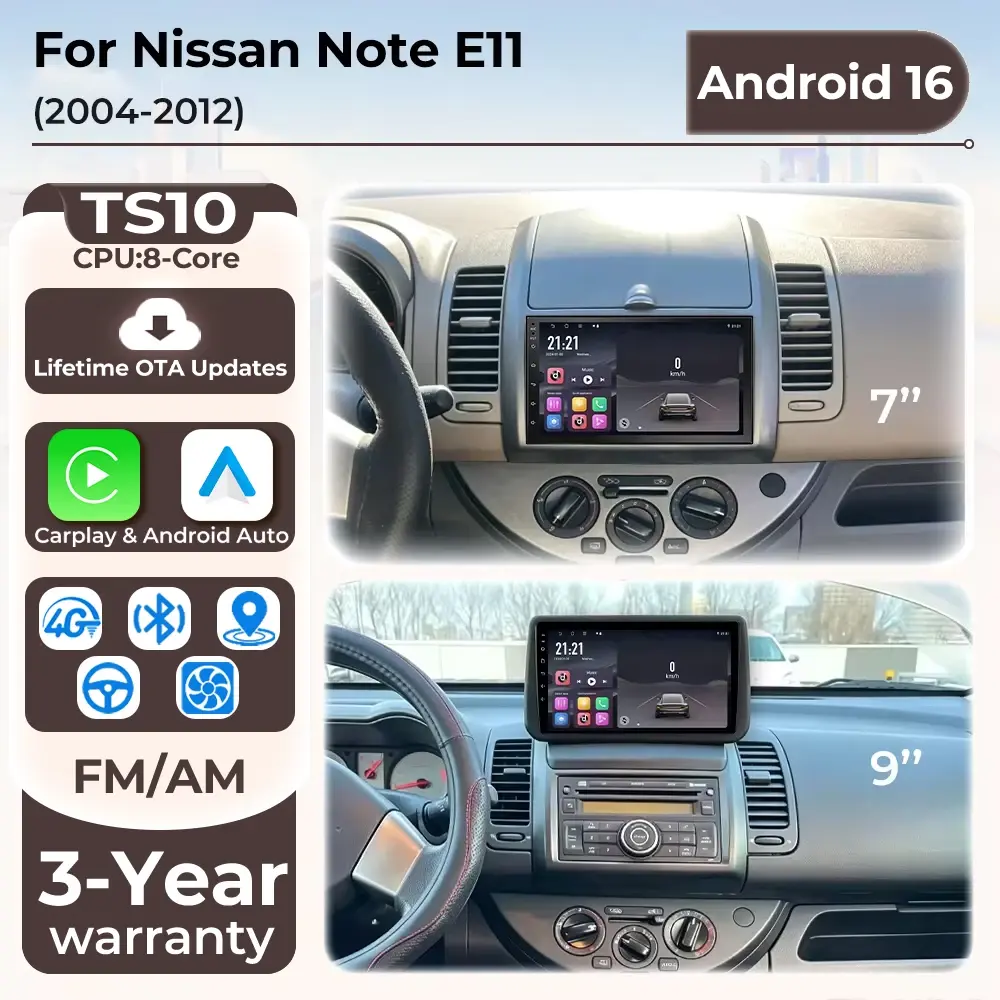 Rádio Automotivo Android 16 para Nissan Note 2004 2005 2006 2007 2008 - 2012, Reprodutor Multimídia Carplay com GPS, Navegação, DSP e Bluetooth Estéreo - 1
