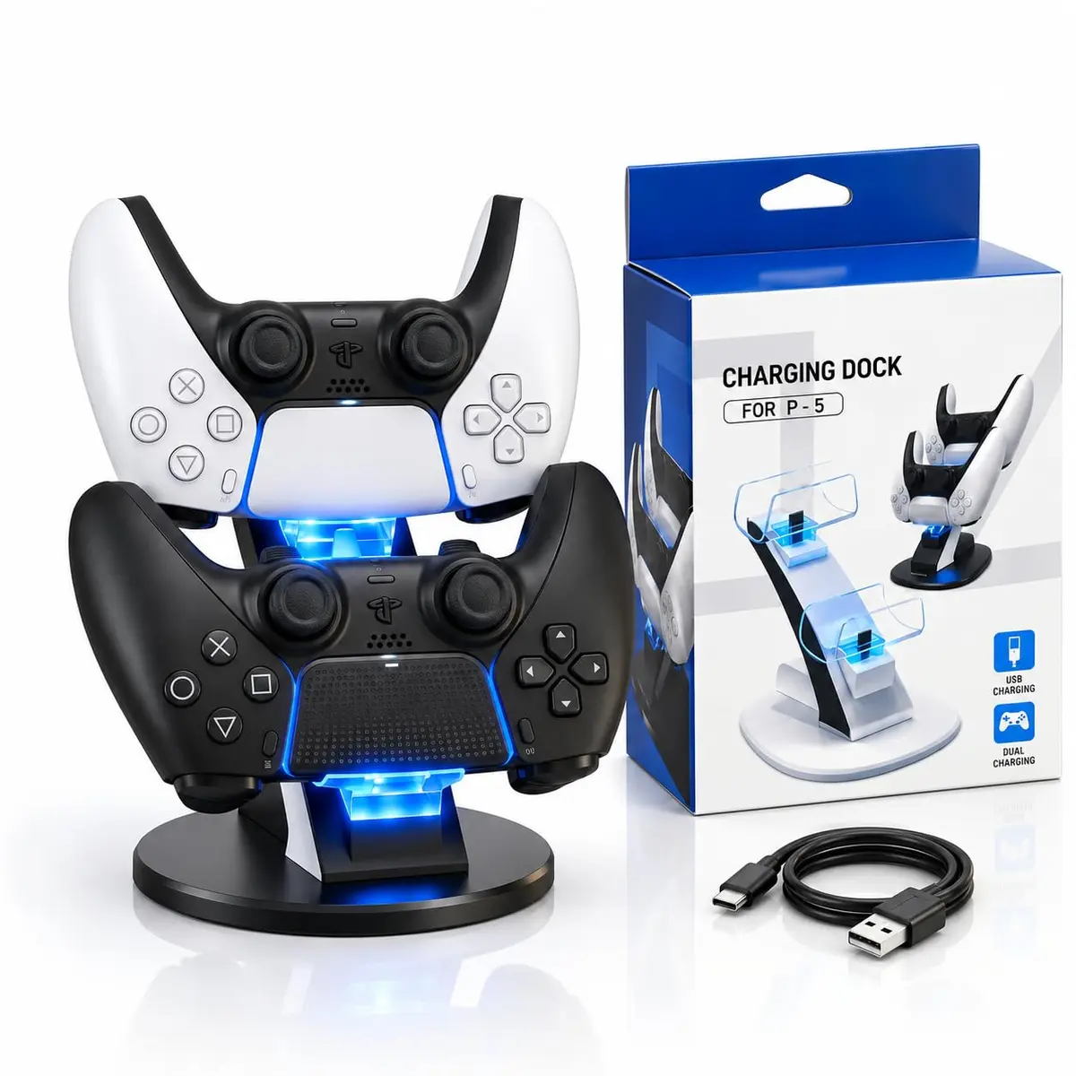 Base de Carregamento PS5 com Dock Duplo para 2 Controles e LED | Carregamento rápido e seguro com proteção contra sobrecarga, ideal para organizar e completar o setup gamer