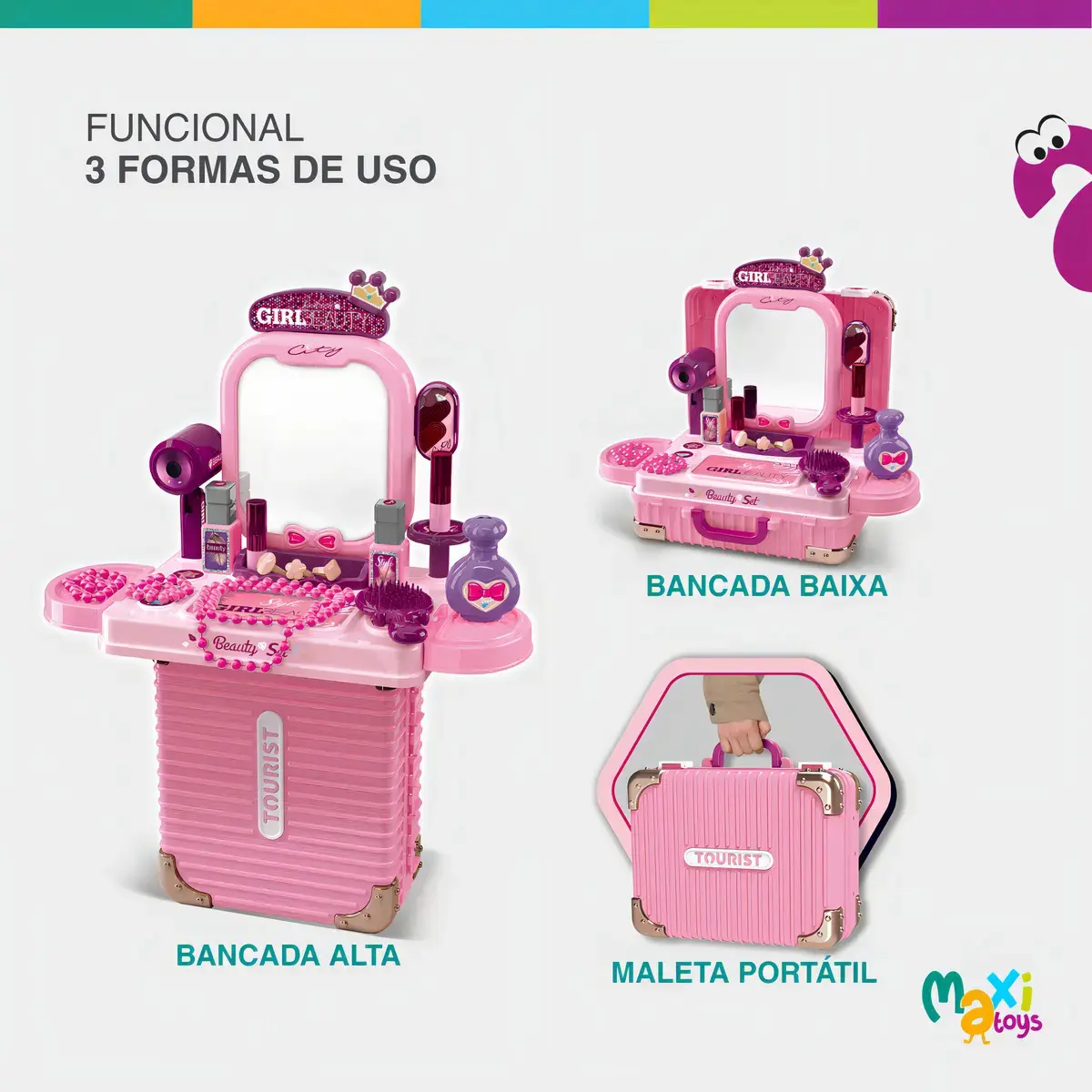 Bancada Penteadeira Infantil 3 Em 1 Maleta 21 Peça Maxi Toys thumbnail 4
