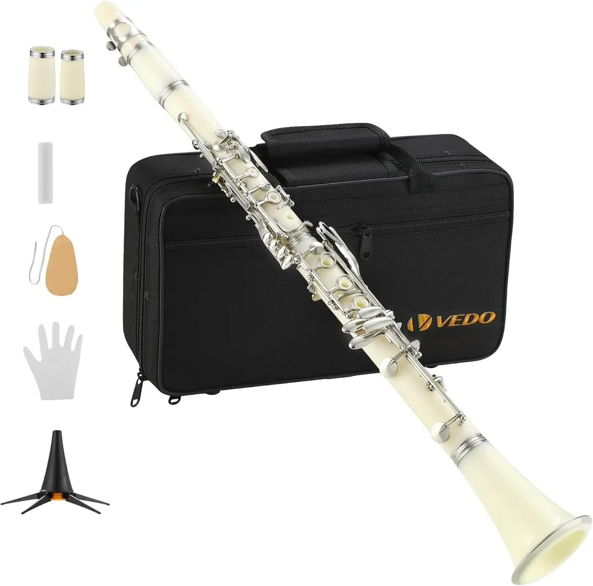 Clarinete VEDO em Si bemol para iniciantes, com 17 chaves, acompanha estojo, suporte, 2 barriletes, 8 protetores de boquilha, luvas brancas e kit de limpeza.
