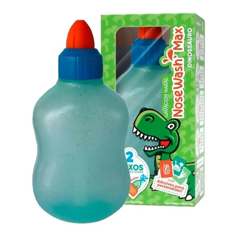 Dispositivo de Lavagem Nasal AGPMED Nosewash Max Dinossauro para Bebês e Crianças, Limpador de Nariz com Controle de Fluxo, 240 ml