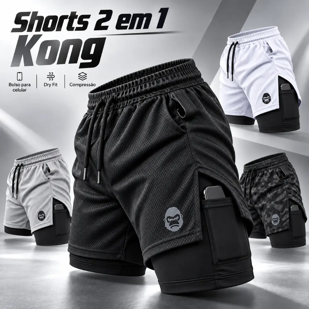 Shorts Masculino 2 em 1 Dry Fit Academia Corrida Bermuda de Compressão com Bolso Celular Kong - 1