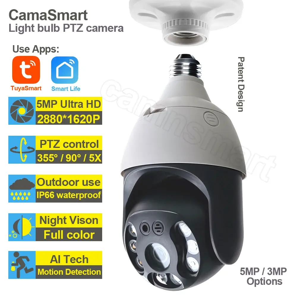 5mp tuya e27 lâmpada câmera ao ar livre wi fi externo ip ptz vida inteligente 256g visão noturna proteção de segurança em casa vigilância vídeo