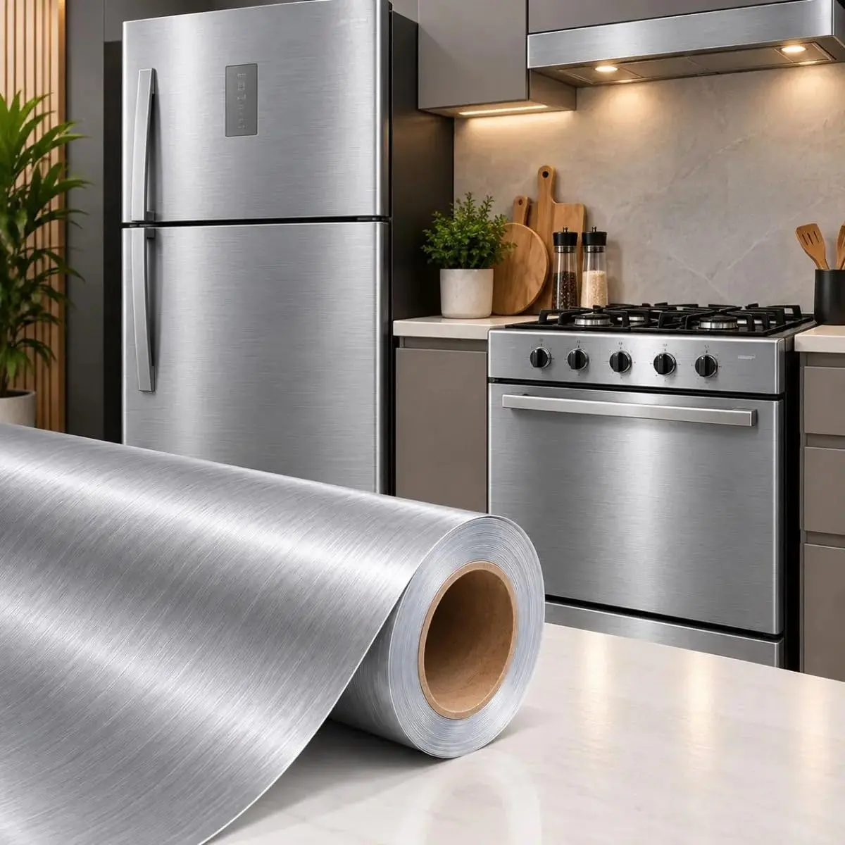 Adesivo Vinil Aço Escovado Envelopamento Geladeira Móveis Fogão Lavável (Aço Escovado Prata, 2m x 60cm) - 1