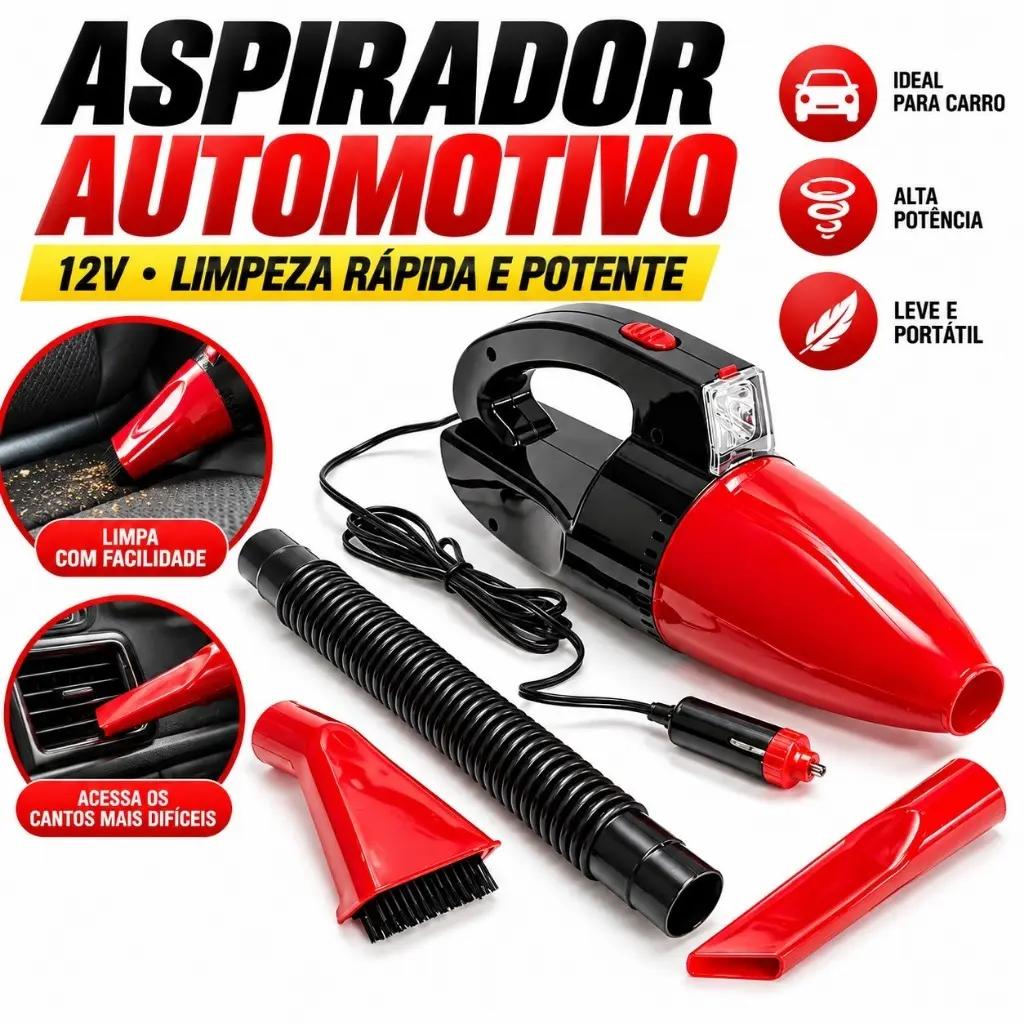 AD11 - Aspirador de Pó e Líquido Portátil Carro Veicular 12v 60W Com Fio ZEM