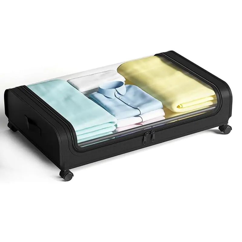 Kit Organizador Sob a Cama Transparente À Prova De Poeira Com Rodas para Roupas e Sapatos Suporte Metálico Resistente(1 peça - Preto)