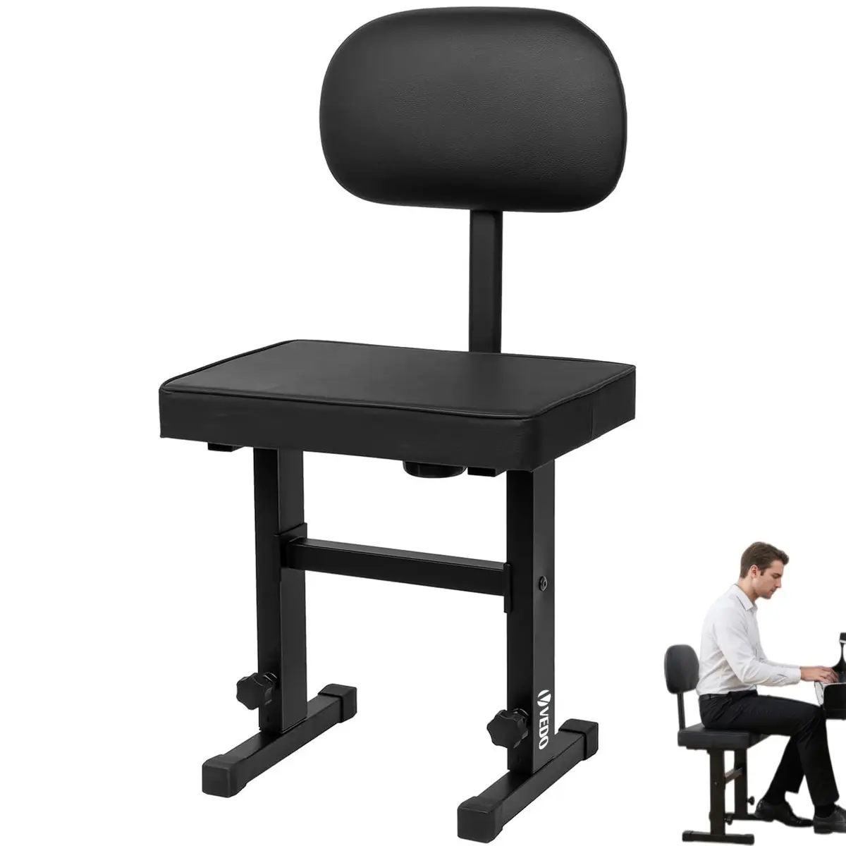 VEDO Banqueta Para Piano, Banqueta de músico profissional, Ajustável, com Encosto, Design em PU Almofadado, Indicado para Tecladistas, Guitarristas e Bateristas, Preto