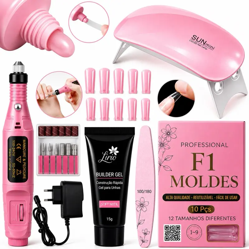 Kit Unha de Gel Completo Iniciante Manicure Alongamento Cabine Sun Mini Unhas Polygel Molde F1 Lixa Lixadeira Elétrica - 1