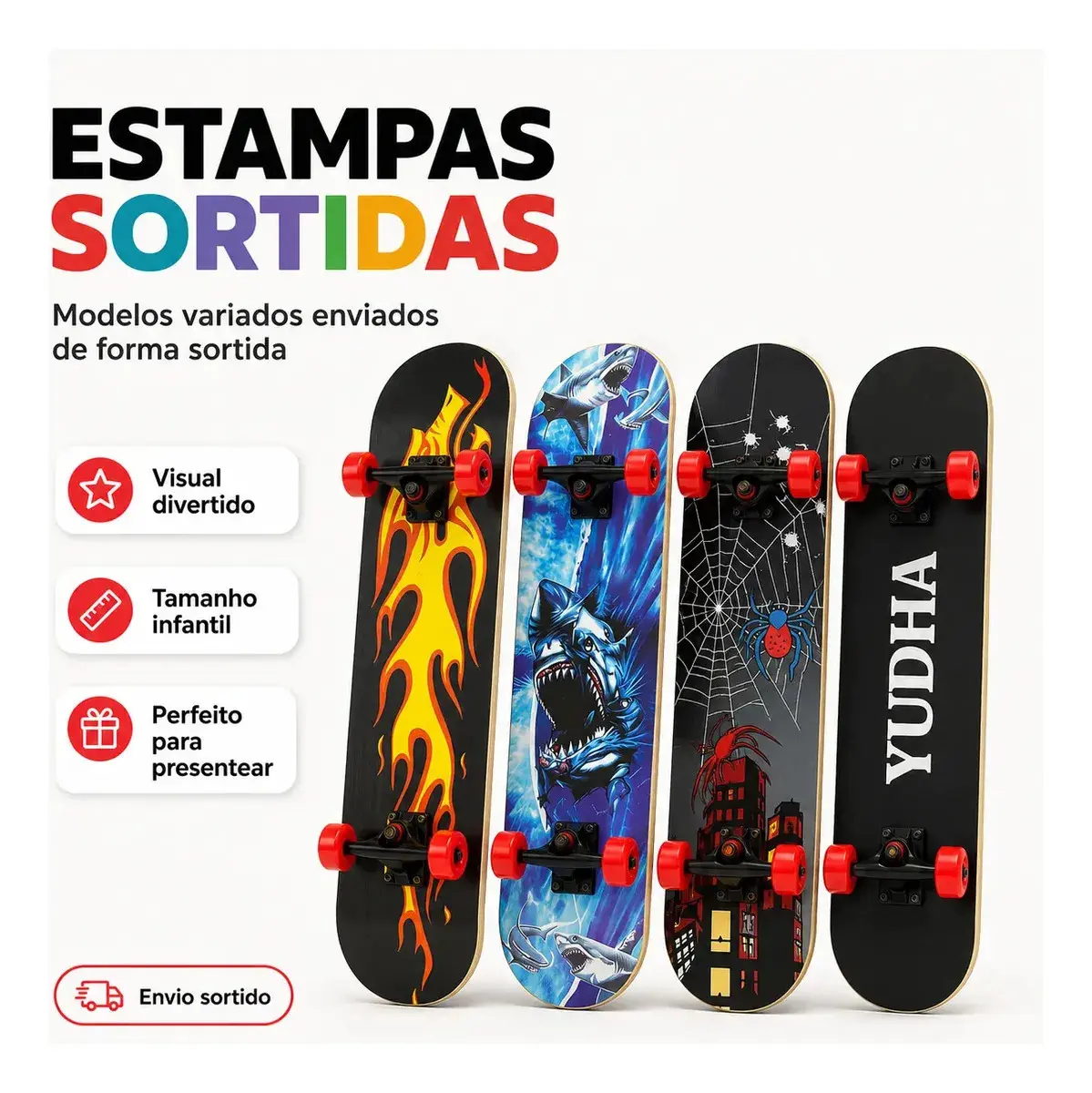 Skate Infantil de Madeira Irado Criança Inciante Tamanho Médio 60cm Até 40kg Sortido Kizumba thumbnail 6