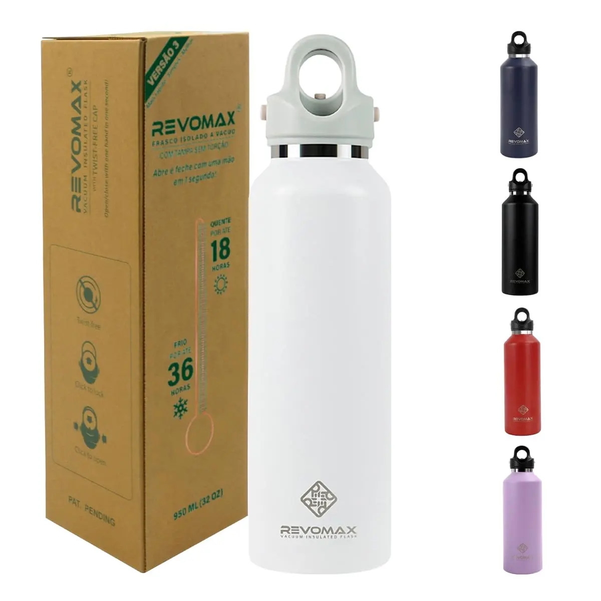 Revomax Garrafa Térmica Desportiva de Vácuo em Aço Inoxidável, Copos Portátil para Viagem 950ml (Branco) - 1