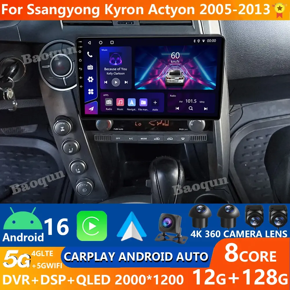 Android 16 para ssangyong kyron actyon c100 2005- 2011 2k qled android rádio do carro reprodutor multimídia estéreo gps ai voz carplay 4g