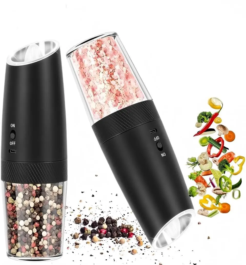 Kit 2 Moedores Elétricos de Pimenta e Sal Automáticos por Gravidade | Sensor de Inclinação, Luz LED | Recarregável via Type-C, Ajuste de Moagem (Rugosidade), Para Cozinha e Churrasco