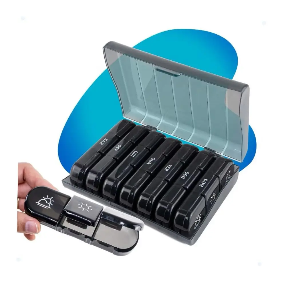 Porta Comprimidos Semanal, Organizador de Remédios e Suplementos, Preto | Modelo grande com estojo organizador e compartimentos individuais para uso diário, viagens, vitaminas e suplementos