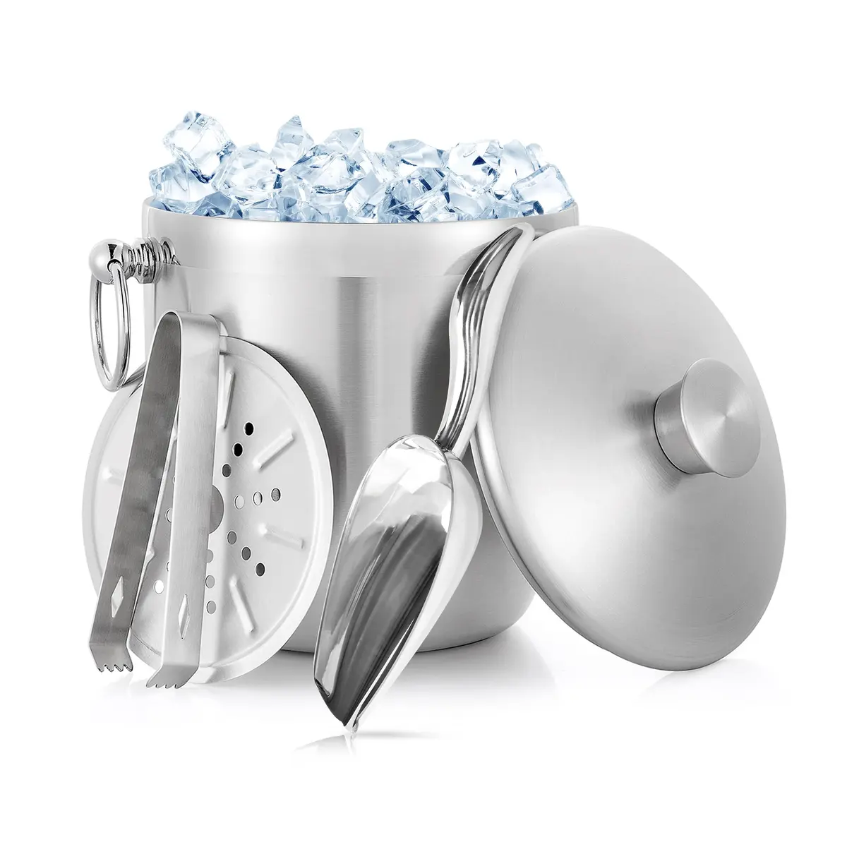 Balde de Gelo Inox Isolado 3L com Tampa, Colher, Pinça e Coador
