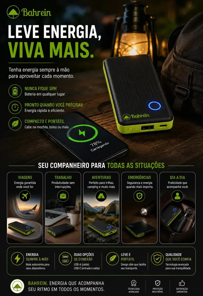 Power Bank 10000mah Carregador Portátil Turbo Rápido Universal Celular - Melhor Carregador Portátil Compatível Com iPhone Notebook Relógios Android Mac Ios Samsung Apple 10000mah - Marca Bahrein thumbnail 2