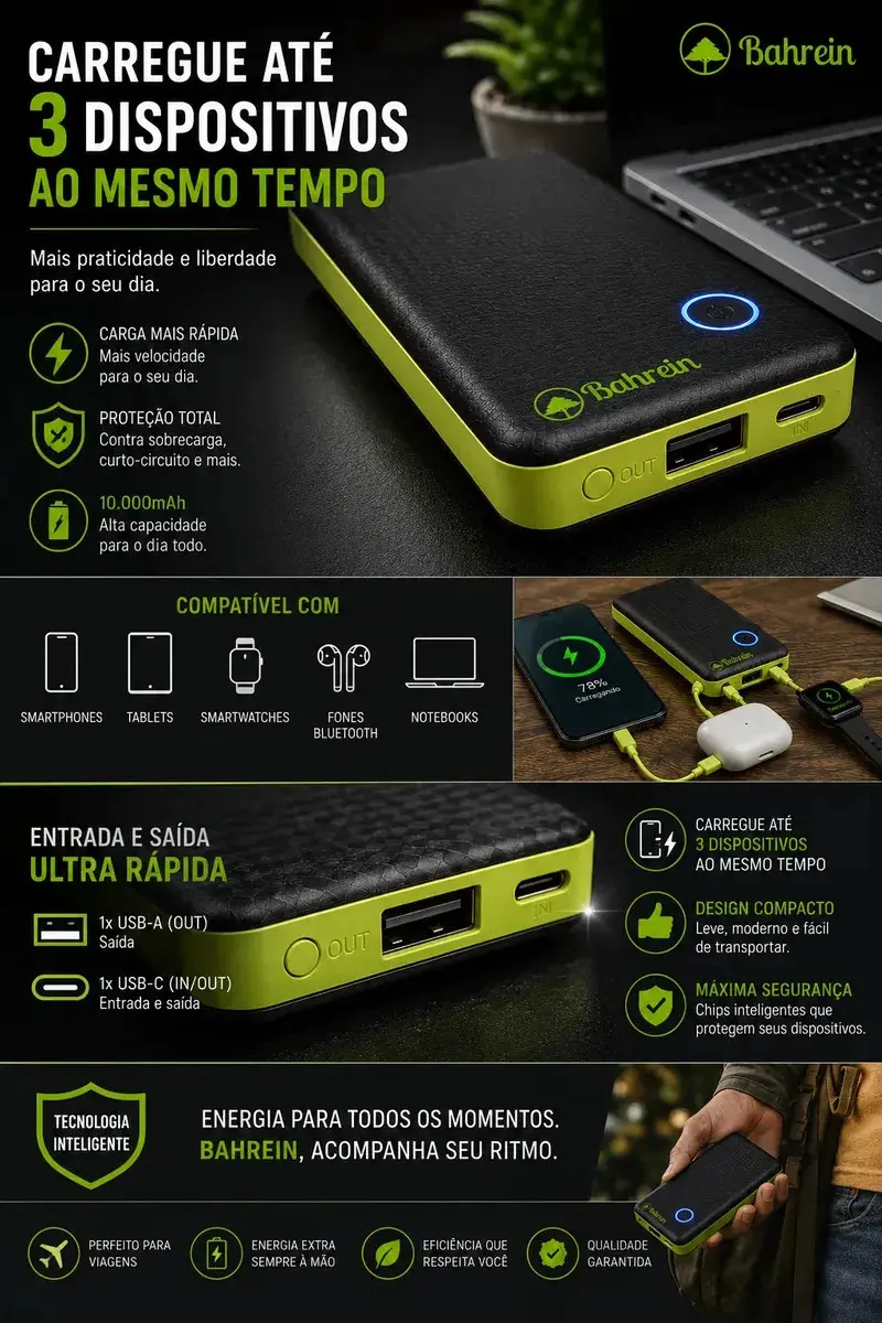 Power Bank 10000mah Carregador Portátil Turbo Rápido Universal Celular - Melhor Carregador Portátil Compatível Com iPhone Notebook Relógios Android Mac Ios Samsung Apple 10000mah - Marca Bahrein thumbnail 3