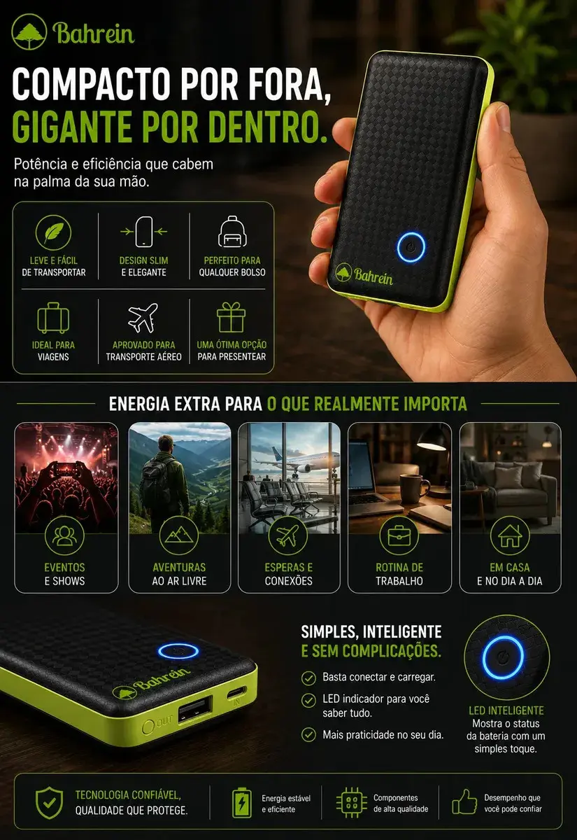 Power Bank 10000mah Carregador Portátil Turbo Rápido Universal Celular - Melhor Carregador Portátil Compatível Com iPhone Notebook Relógios Android Mac Ios Samsung Apple 10000mah - Marca Bahrein thumbnail 4