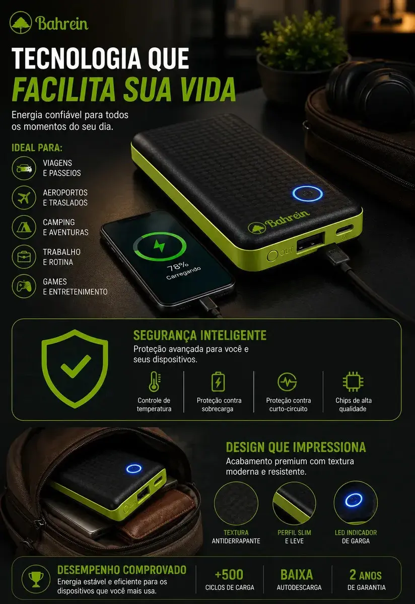 Power Bank 10000mah Carregador Portátil Turbo Rápido Universal Celular - Melhor Carregador Portátil Compatível Com iPhone Notebook Relógios Android Mac Ios Samsung Apple 10000mah - Marca Bahrein thumbnail 5