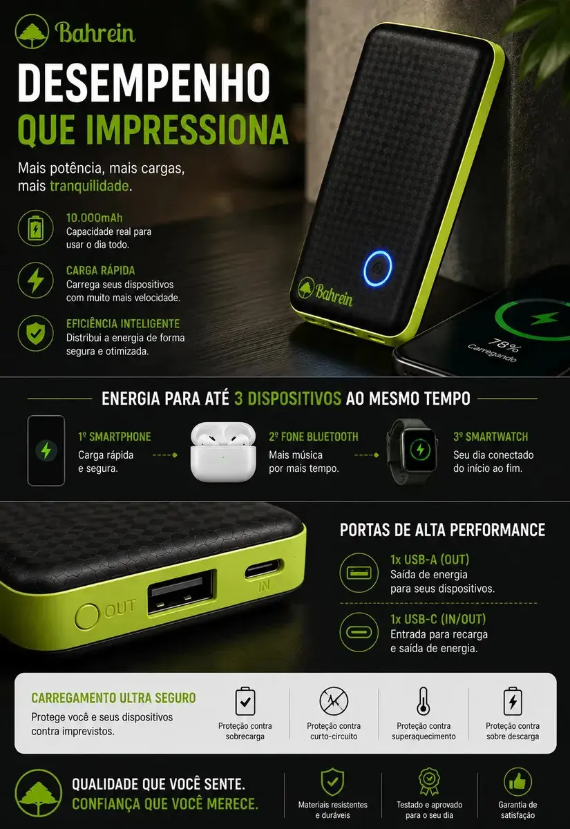Power Bank 10000mah Carregador Portátil Turbo Rápido Universal Celular - Melhor Carregador Portátil Compatível Com iPhone Notebook Relógios Android Mac Ios Samsung Apple 10000mah - Marca Bahrein thumbnail 6