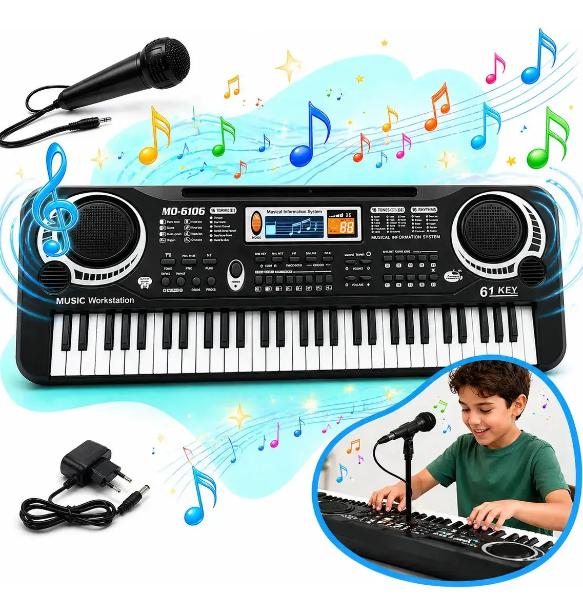 Teclado Piano Musical 61 Teclas Infantil Com Microfone LCD Gravador Educativo Iniciante 1 Alto Falante Kizumba - 1