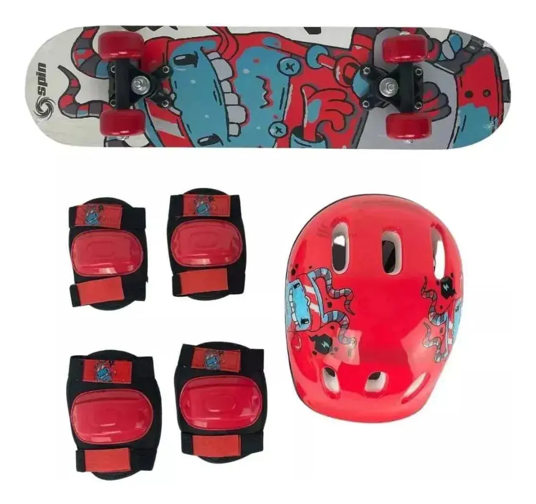 Kit Skate Monster Infantil Com Acessórios Proteção Cks Toys Vermelho