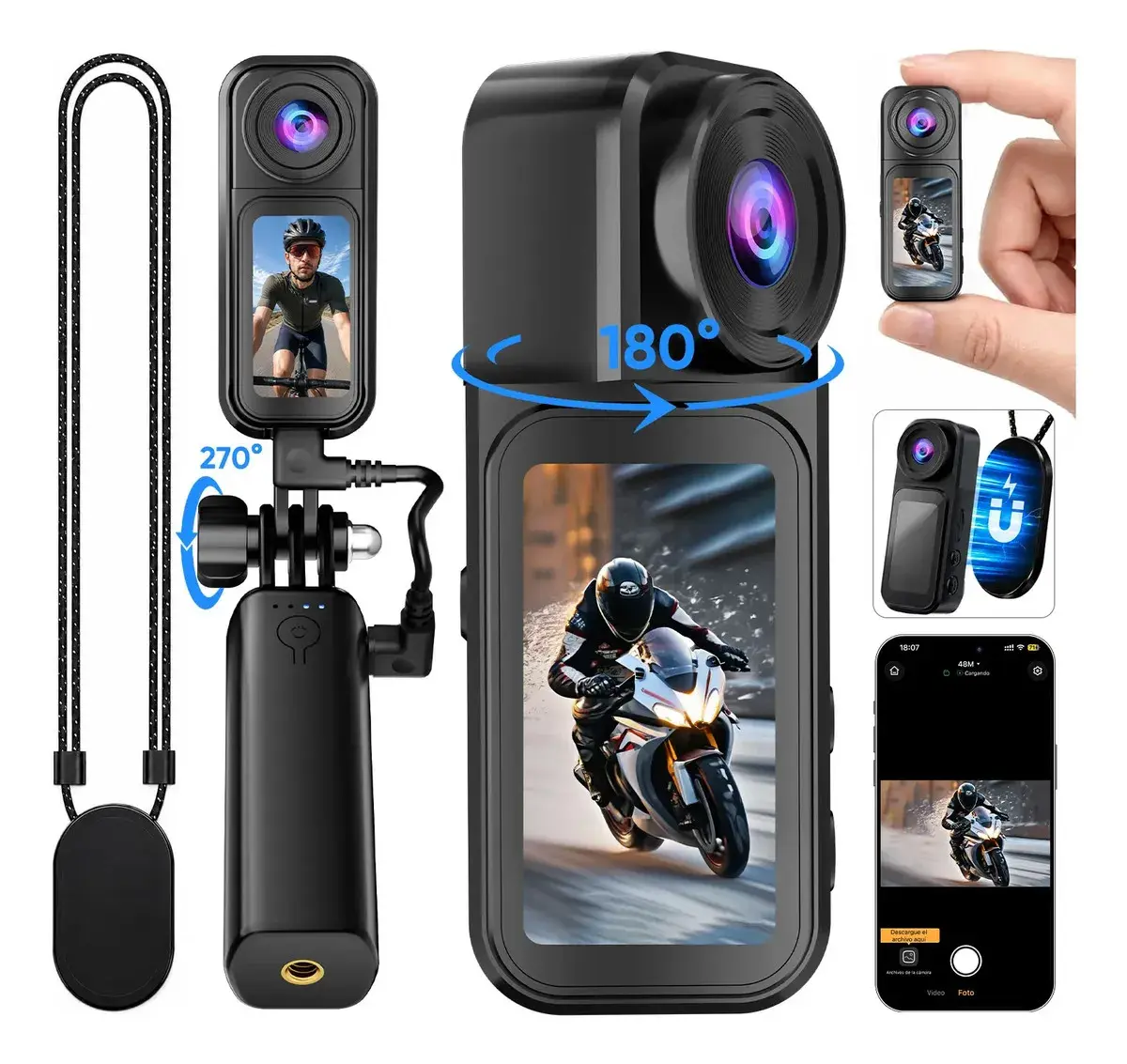 Câmera De Ação Esportiva Portátil Basike 4K 48MP Magnética,Mini Câmera Moto Bateria 230min Com WiFi, Lente Rotativa 180°, 1,47"Tela Touch, Câmera Filmadora Profissional Ba-CAM493