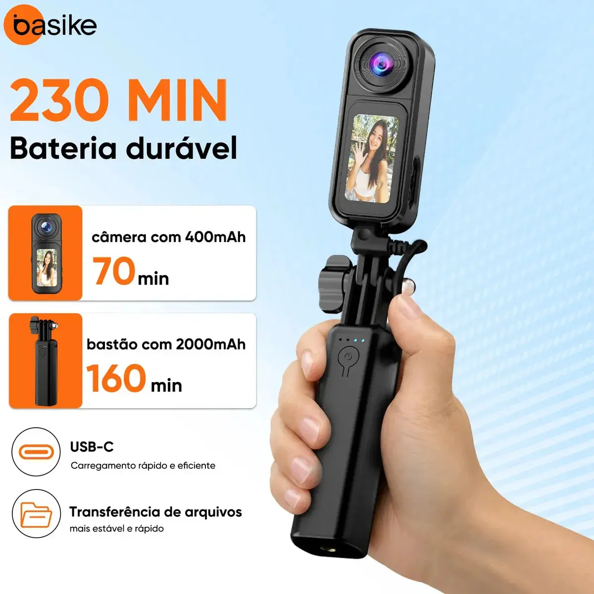 Câmera De Ação Esportiva Portátil Basike 4K 48MP Magnética,Mini Câmera Moto Bateria 230min Com WiFi, Lente Rotativa 180°, 1,47"Tela Touch, Câmera Filmadora Profissional Ba-CAM493 thumbnail 4