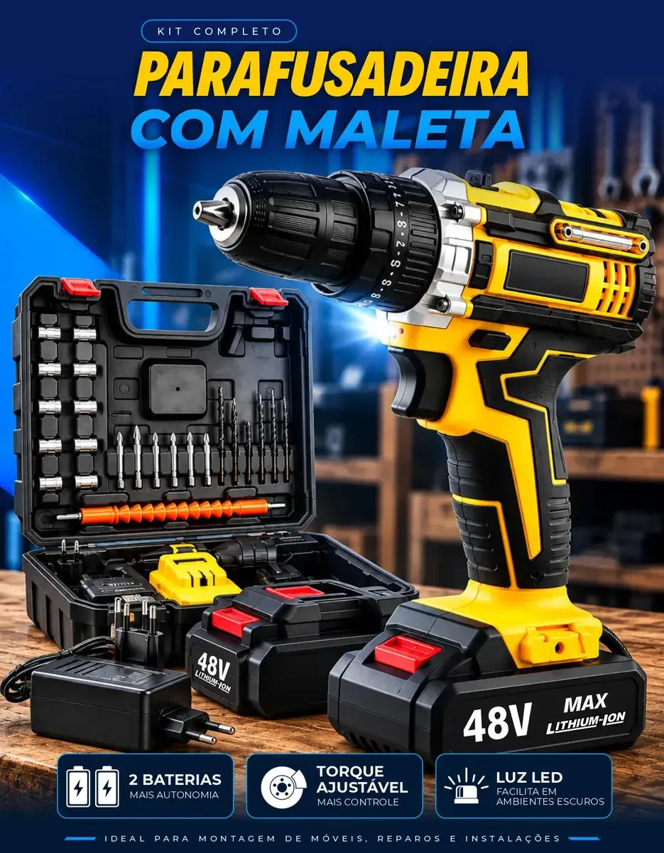 Parafusadeira Furadeira C/ 2 Baterias Maleta Kit Completo Led Eixo Flexível Vários Níveis Torque Simake - 1