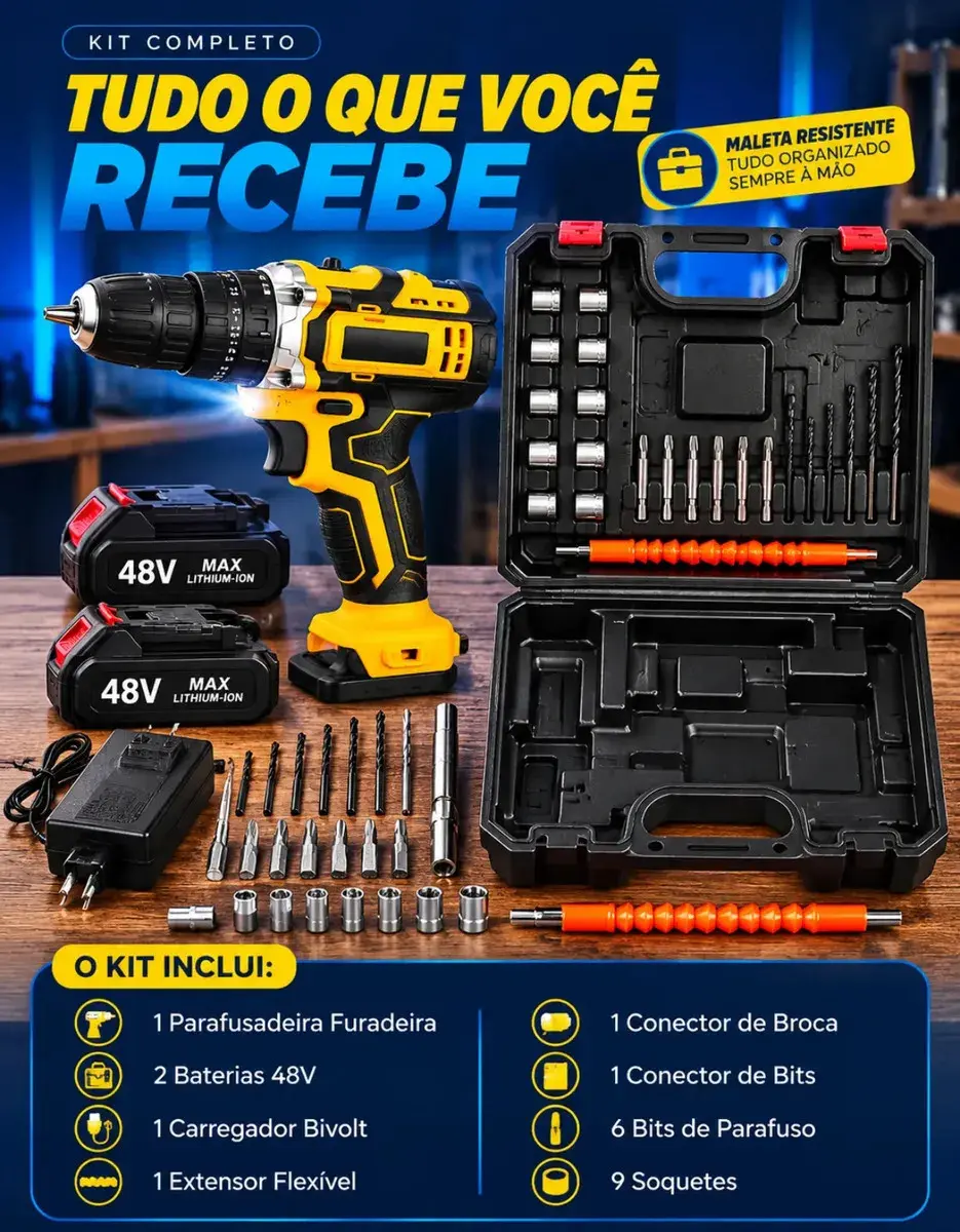 Parafusadeira Furadeira C/ 2 Baterias Maleta Kit Completo Led Eixo Flexível Vários Níveis Torque Simake thumbnail 2