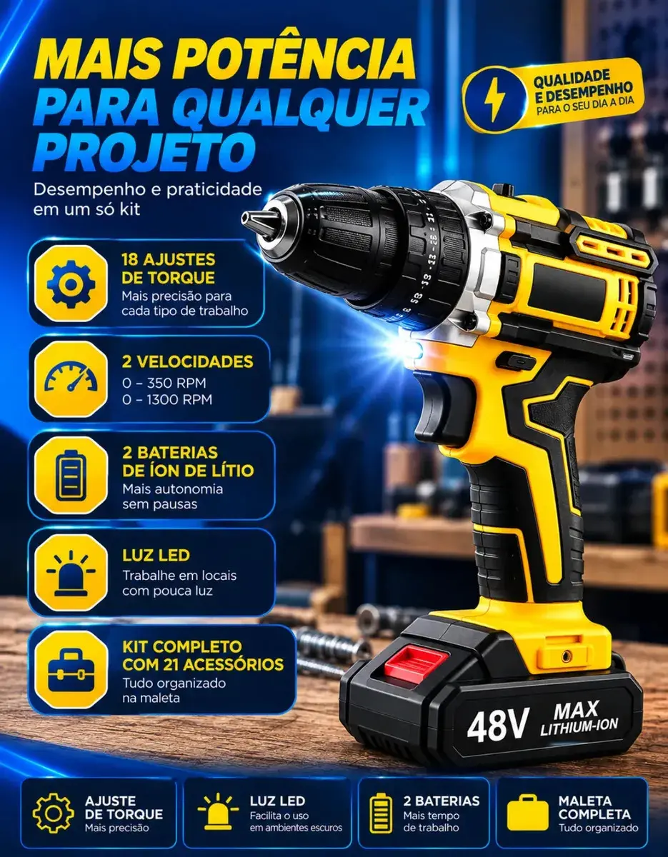 Parafusadeira Furadeira C/ 2 Baterias Maleta Kit Completo Led Eixo Flexível Vários Níveis Torque Simake thumbnail 4