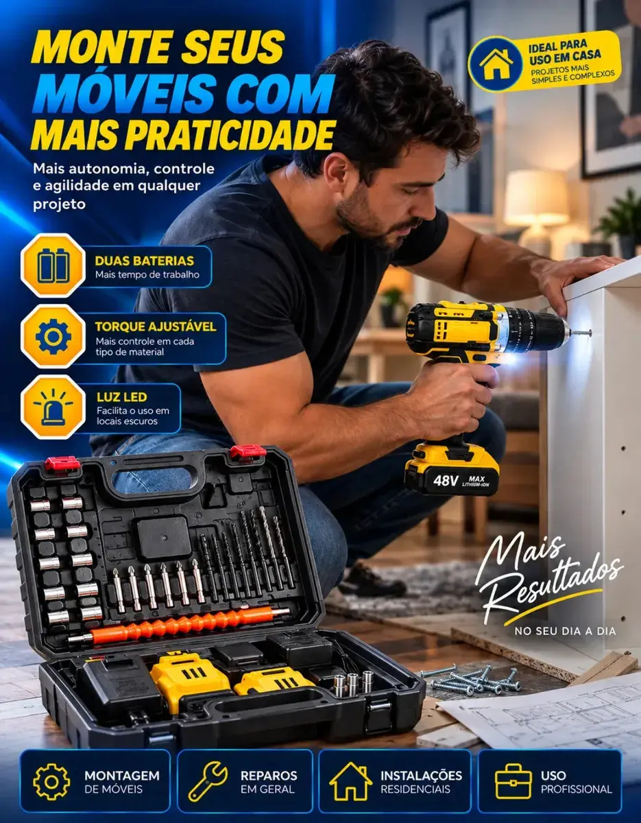 Parafusadeira Furadeira C/ 2 Baterias Maleta Kit Completo Led Eixo Flexível Vários Níveis Torque Simake thumbnail 6
