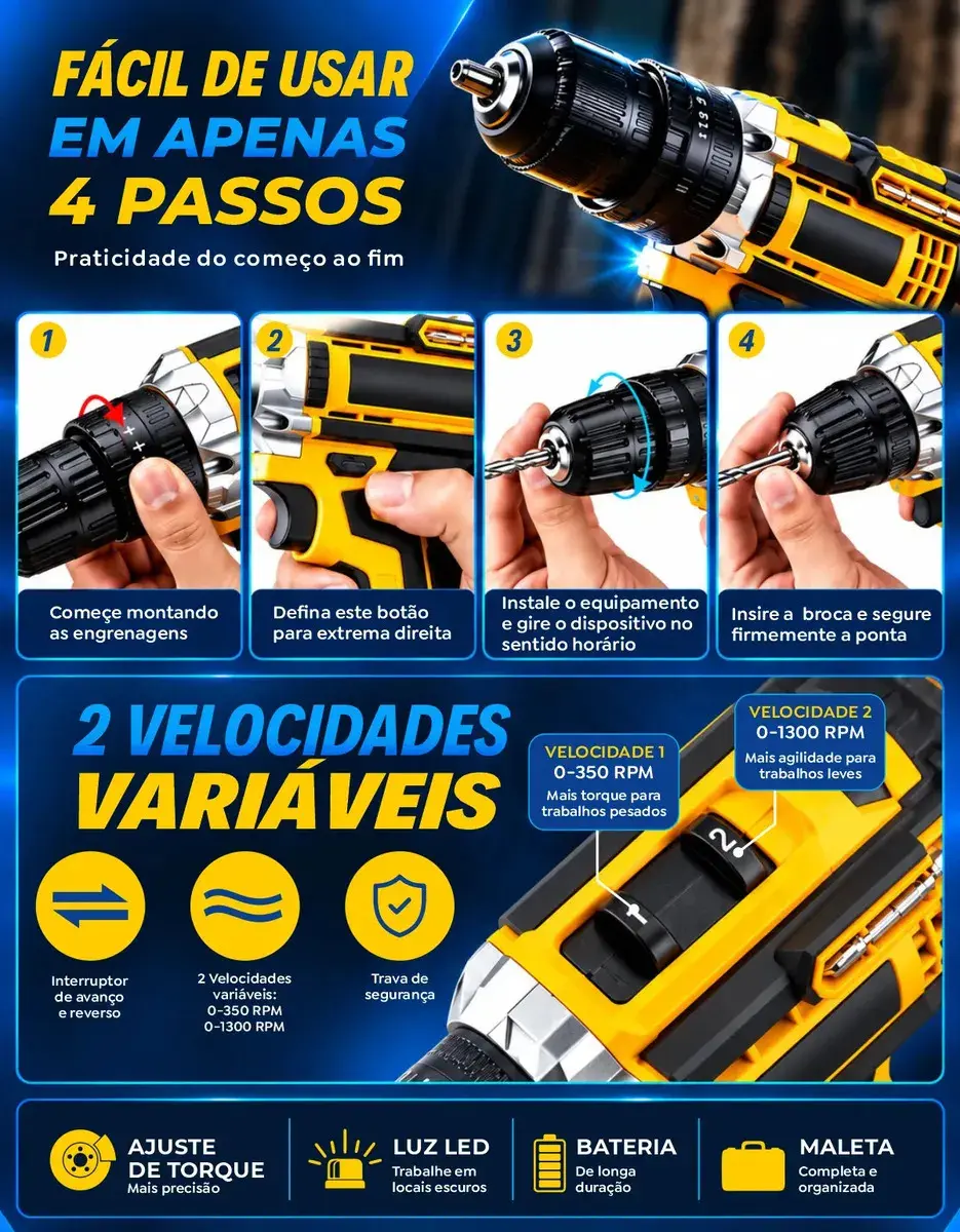 Parafusadeira Furadeira C/ 2 Baterias Maleta Kit Completo Led Eixo Flexível Vários Níveis Torque Simake thumbnail 7