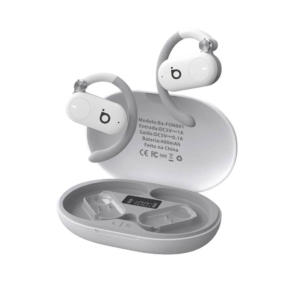 Fones de Ouvido Sem Fio Basike D91, BT 5.4, Estéreo Hi-Fi, 100h Standby | Fone de Ouvido Bluetooth Aberto, Tela LED, Leve e Confortável, Ideal para Corrida e Exercícios (Branco)