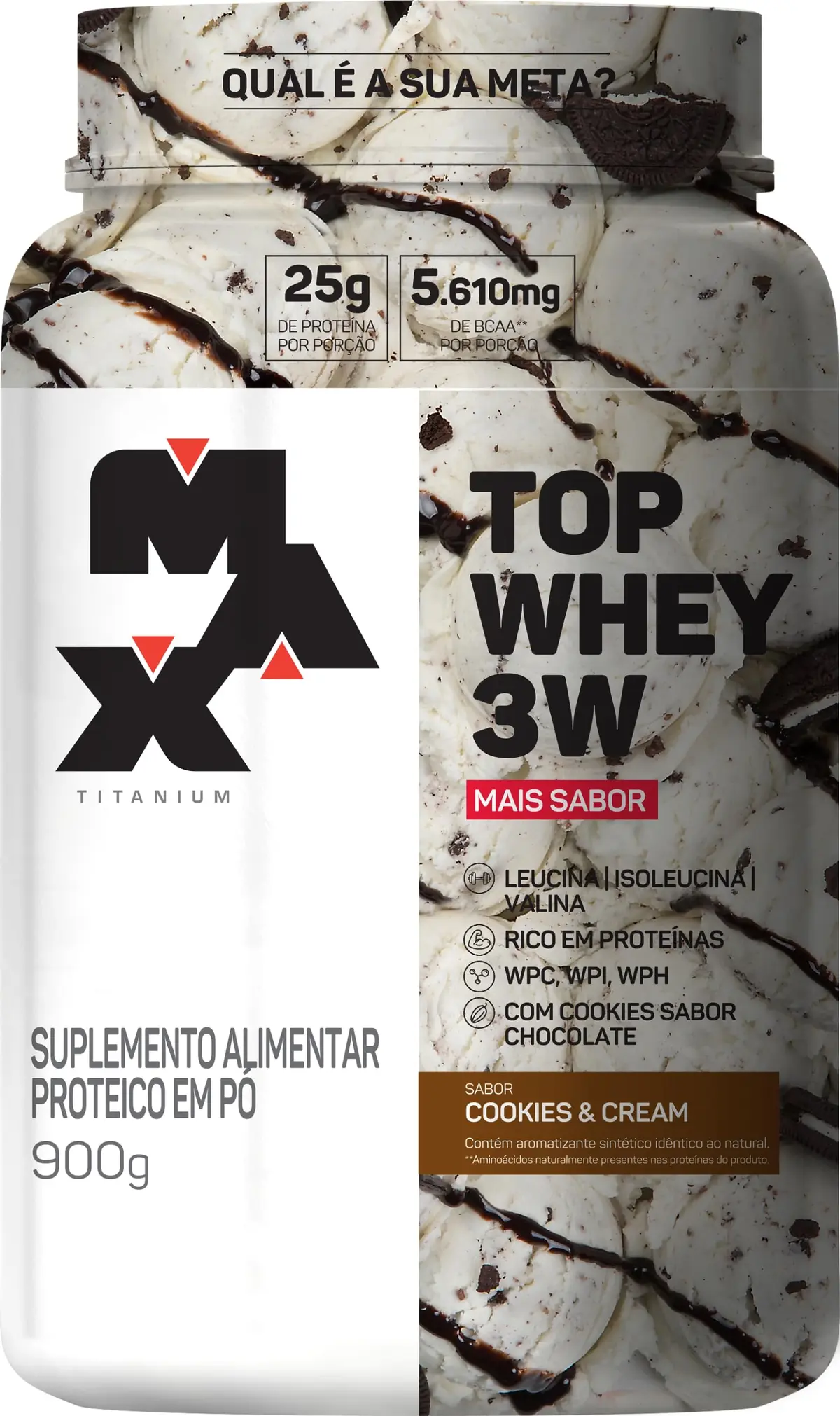 Whey Protein em Pó Max Titanium, Cookies & Cream, 900g | Top Whey 3W - 1