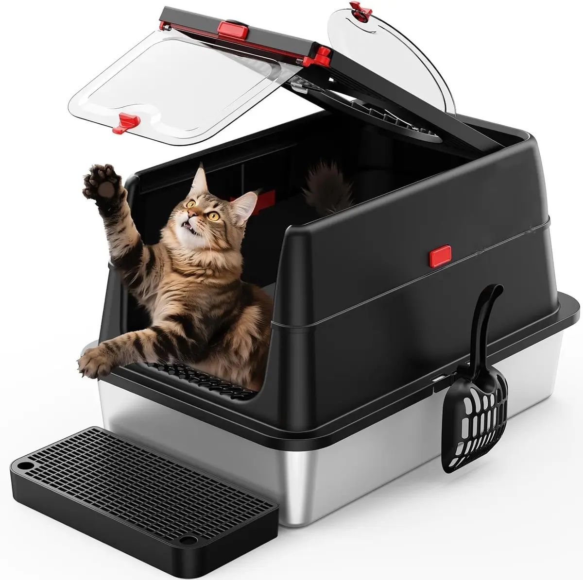 Caixa de areia para gatos em aço inoxidável, caixas de areia para gatos fechadas com tampa, caixa de areia para gatos extragrande em metal, bandeja de areia com entrada superior (Preto)